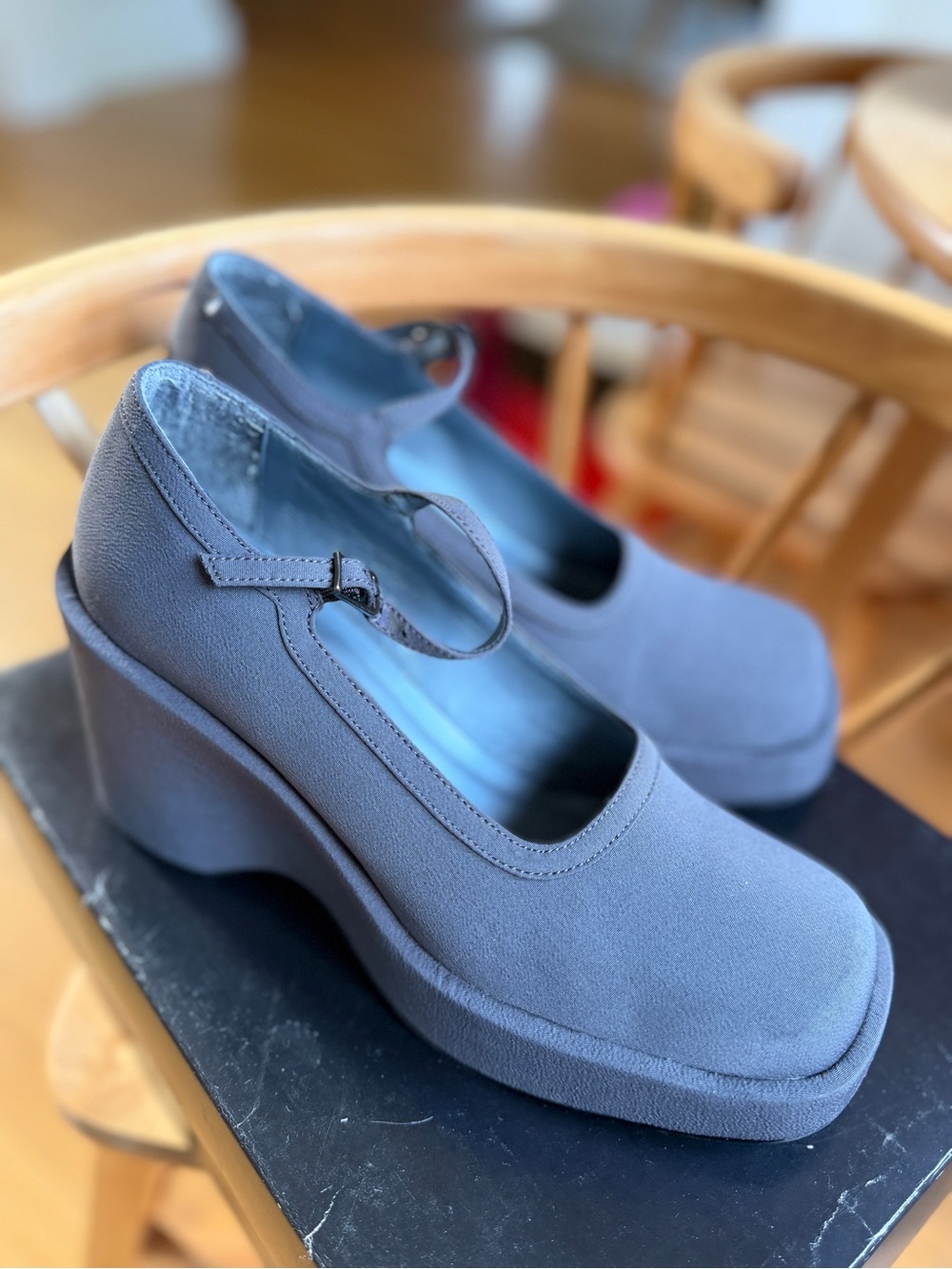 Kenneth Kole: Mary Jane Wedge Pumps in Charcoal Gray